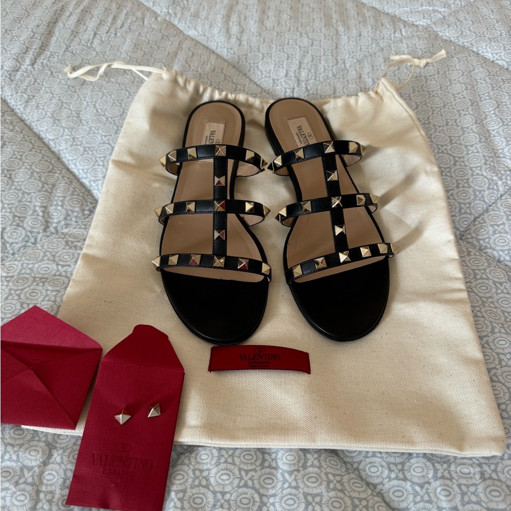 Valentino Rockstud Strappy Slides in Black